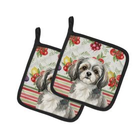 Grey and White Tibetan Spaniel Vegetables Pair of Pot Holders Pair 7.5x7.5 Quilted Insulated Hot Pads Decorative Kitchen Gift Made in USA
