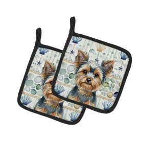 Blue and Tan Yorkshire Terrier Coastal Sea Glass Pair of Pot Holders Pair 7.5x7.5 Quilted Insulated Hot Pads Decorative Kitchen Gift Made in USA