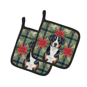 Greater Swiss Mountain Dog Christmas PoinsettIas Pair of Pot Holders Pair 7.5x7.5 Quilted Insulated Hot Pads Decorative Kitchen Gift Made in USA