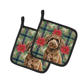Spanish Water Dog Christmas PoinsettIas Pair of Pot Holders Pair 7.5x7.5 Quilted Insulated Hot Pads Decorative Kitchen Gift Made in USA