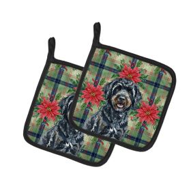 Black Portuguese Water Dog Christmas PoinsettIas Pair of Pot Holders Pair 7.5x7.5 Quilted Insulated Hot Pads Decorative Kitchen Gift Made in USA