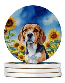 Beagle in Sunflowers Large Sandstone Coasters Pack of 4 Absorbent Round Coasters Decor Gifts for Men or Women, 4 in, Multicolor