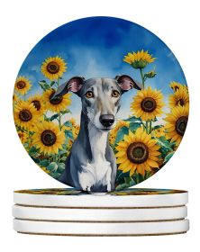 Greyhound in Sunflowers Large Sandstone Coasters Pack of 4 Absorbent Round Coasters Decor Gifts for Men or Women, 4 in, Multicolor