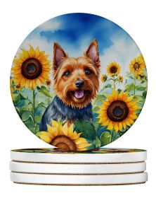 Australian Terrier in Sunflowers Large Sandstone Coasters Pack of 4 Absorbent Round Coasters Decor Gifts for Men or Women, 4 in, Multicolor