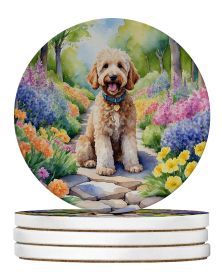 Goldendoodle Spring Path Large Sandstone Coasters Pack of 4 Absorbent Round Coasters Decor Gifts for Men or Women, 4 in, Multicolor