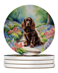Sussex Spaniel Spring Path Large Sandstone Coasters Pack of 4 Absorbent Round Coasters Decor Gifts for Men or Women, 4 in, Multicolor