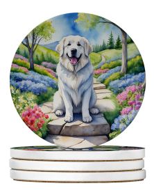 Great Pyrenees Spring Path Large Sandstone Coasters Pack of 4 Absorbent Round Coasters Decor Gifts for Men or Women, 4 in, Multicolor