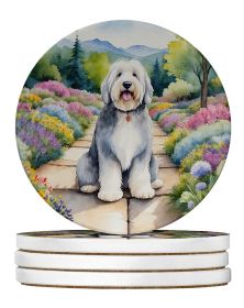 Old English Sheepdog Spring Path Large Sandstone Coasters Pack of 4 Absorbent Round Coasters Decor Gifts for Men or Women, 4 in, Multicolor