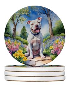 Pit Bull Terrier Spring Path Large Sandstone Coasters Pack of 4 Absorbent Round Coasters Decor Gifts for Men or Women, 4 in, Multicolor